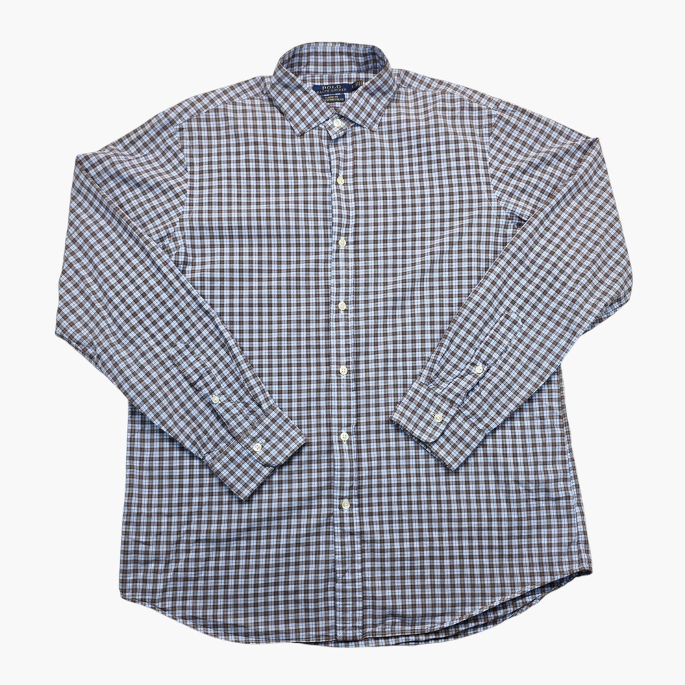 Polo Ralph Lauren Mens Large Classic Fit Cotton Stretch Check Shirt Brown Blue